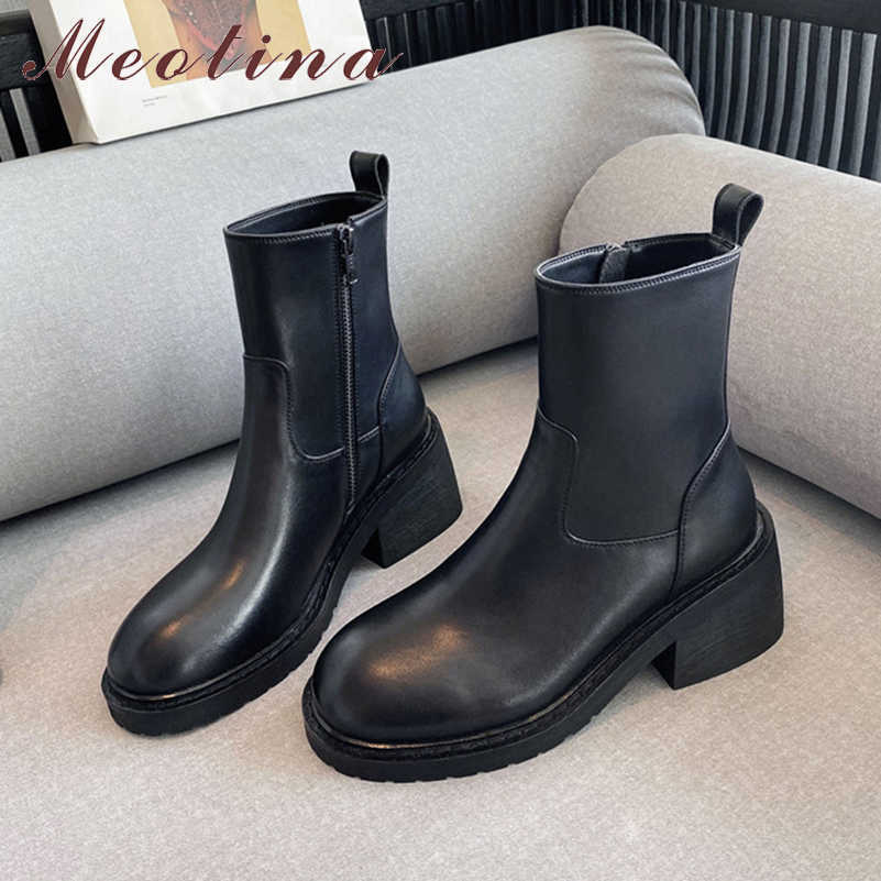 

Meotina Ankle Boots Women Shoes Natural Genuine Leather Platform High Heel Short Boots Zip Thick Heels Boots Lady Autumn Winter 210608, Black patent