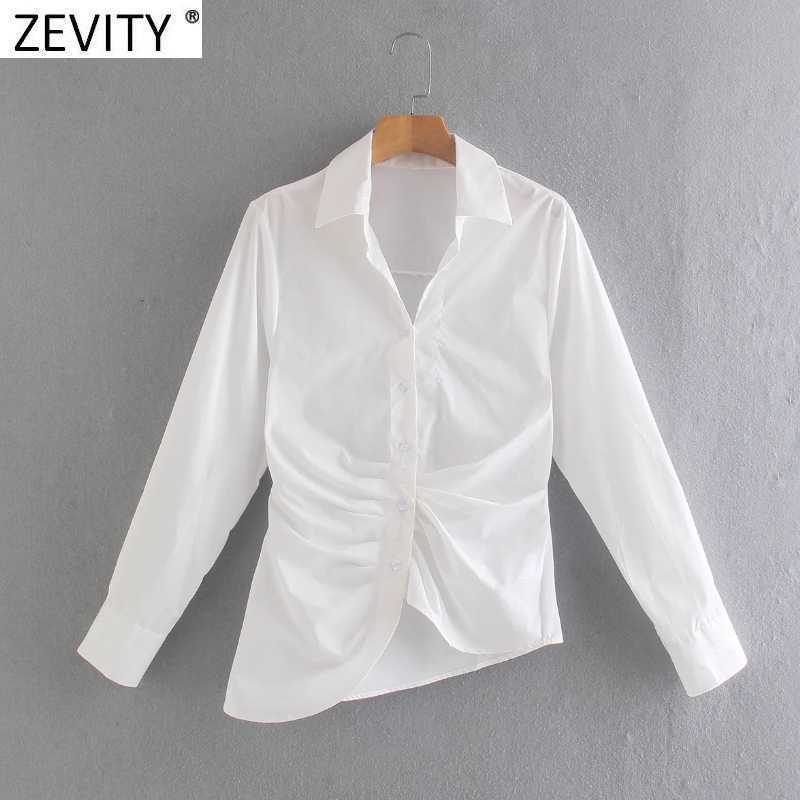 

Zevity Women Fashion Breasted Pleats White Poplin Shirt Office Lady Long Sleeve Irregular Blouse Roupas Chic Chemise Tops LS9098 210603, As pic ls9098xn