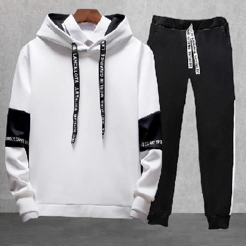 

Tracksuit Men Hooded Drawstring Sweatshirt 2 Piece Suit Casual Sweatpants Pullover Sportsuit Sets Jogging Fitness Sportsuit Mens 210603, Cjw067white