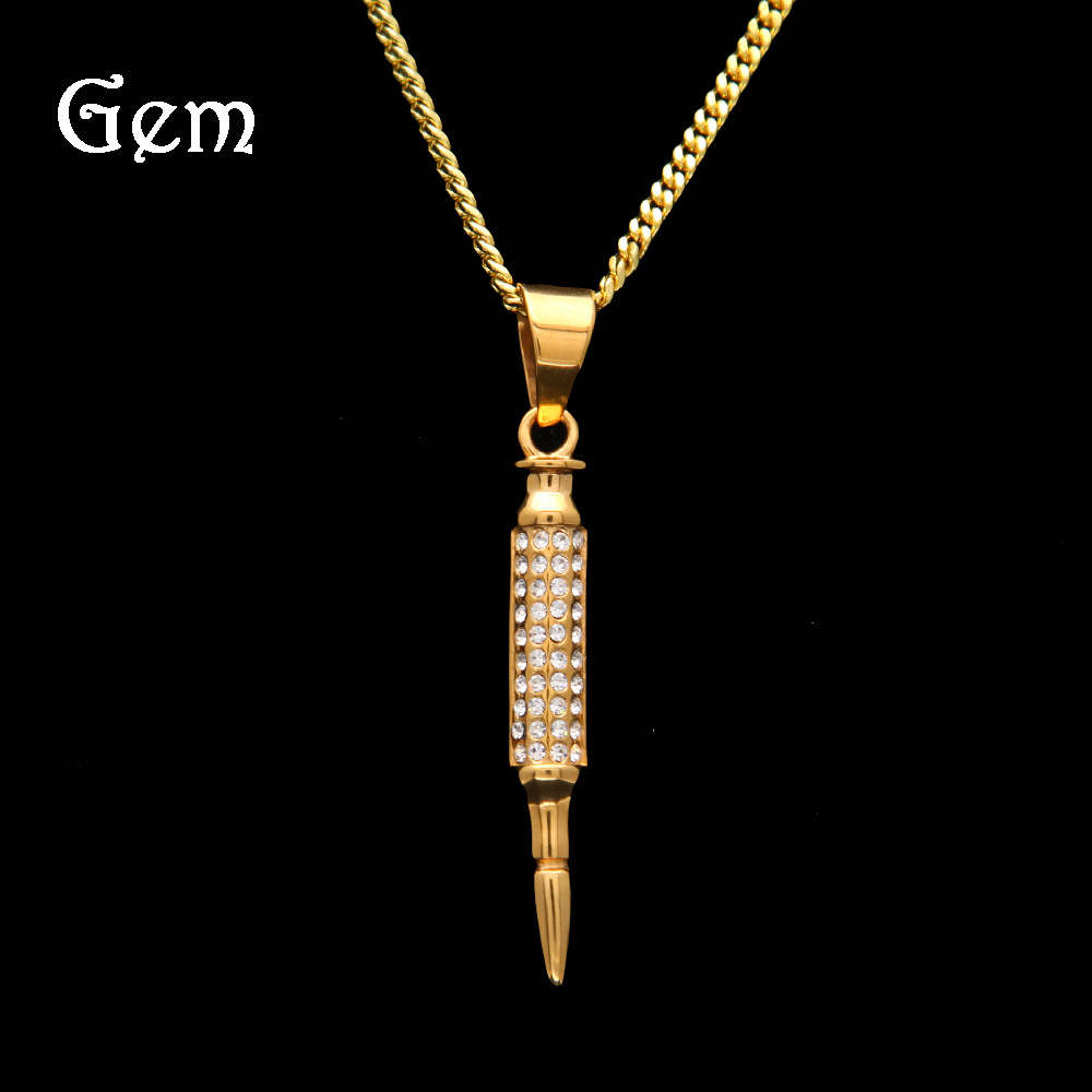 

New style personalized stainless steel pendant, bullet shaped diamond inlaid men's necklace, color preserving electroplated Necklace