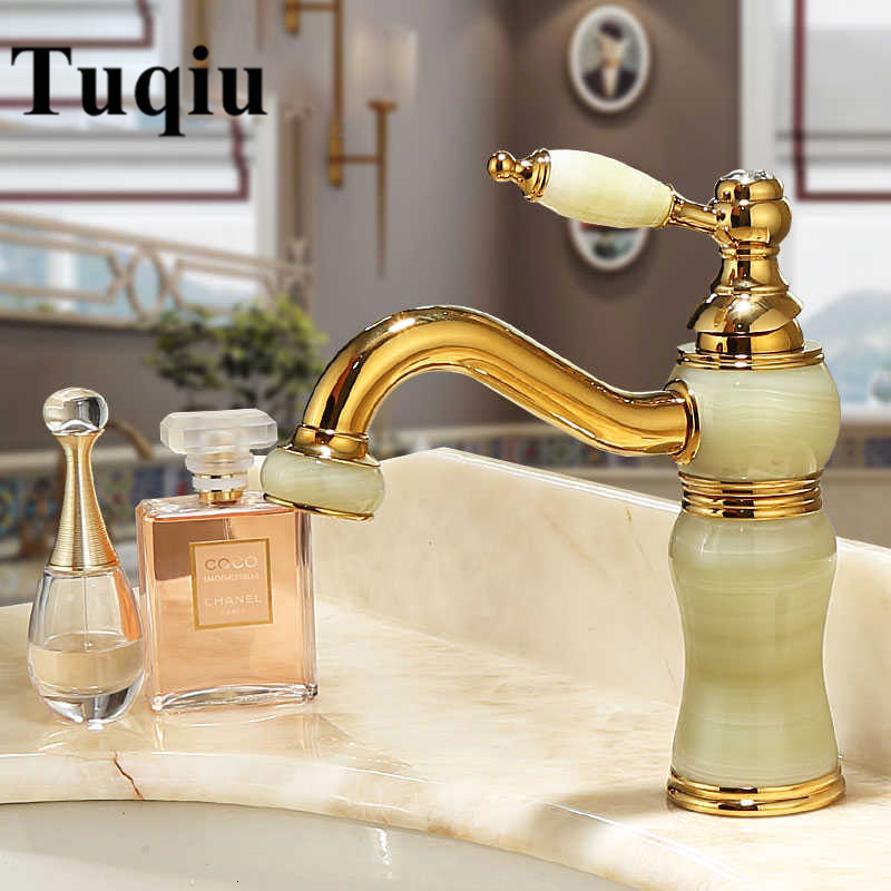 

2021 New Brass and Jade Bathroom Mixer Tap Gold Bath Basin Sink Faucet Hqgt