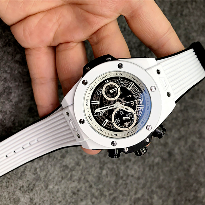 

5-6Men stopwatch wristwatch 40 mm quartz movement, date calendar all work dial leather strap watch men's outdoor sports business, Slivery;brown