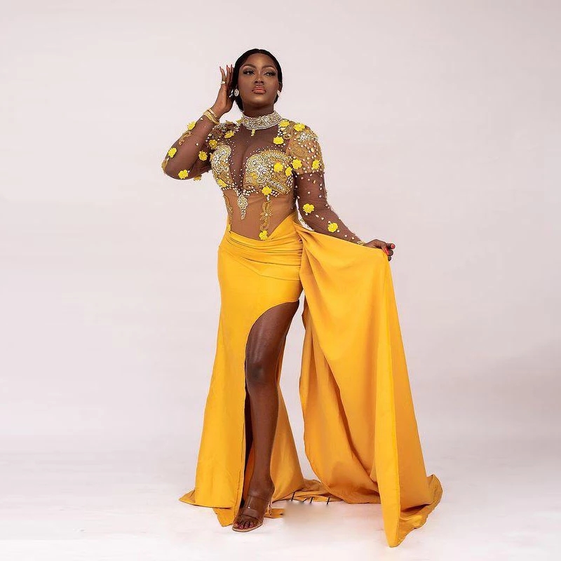Luxurious Yellow Mermaid Prom Dresses Beaded Crystals Side Train Reception Gowns Satin Split Arabic Aso Ebi Birthday Wears