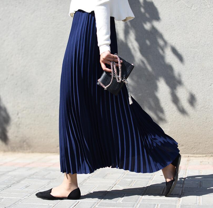 

2021 Women Vintage Pleated Midi Long Skirt Female Korean Casual High Waist A Line Chiffon Mesh Skirts Jupe Faldas 18 Colors, C12