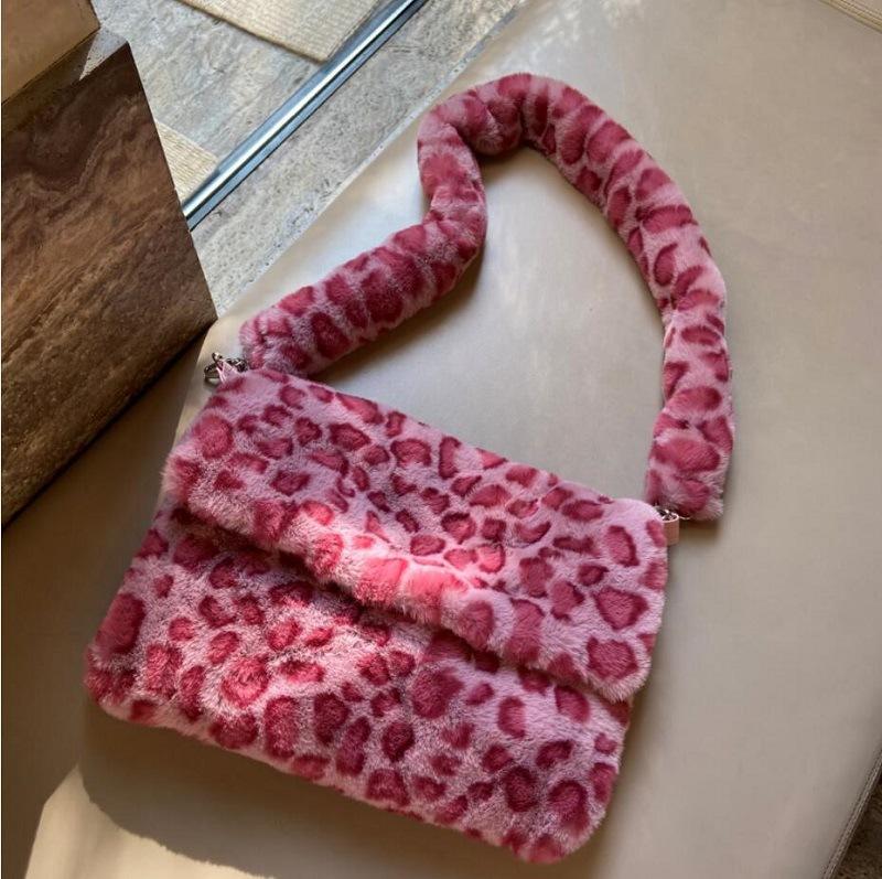 

Soft Plush Women Shoulder Bag Pink Leopard Ladies Crossbody Bag Winter Fashion Large Capacity Female Handbags Tote Bolso Mujer