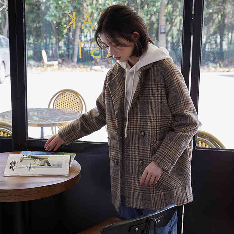 

Women's Wool & Blends Realeft vintage plaid blazer, women's wool coat, double face, long sleeve, turtleneck facing autumn and winter, AN3Q, 1# shoe box