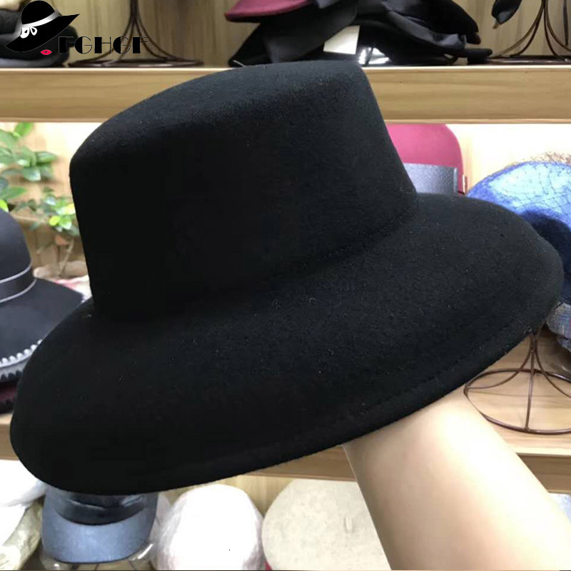 

2021 New 10cm Wide Brim Women Gray Black 100% Wool Felt Winter Hat Cloche Ladies Fashion Fedoras Church Top Quality Fmaw