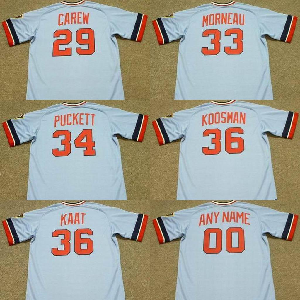 

men Minnesota 29 ROD CAREW 33 JUSTIN MORNEAU 34 KIRBY PUCKETT 36 JERRY KOOSMAN 36 JIM KAAT baseball Jersey 1977, Blue;black