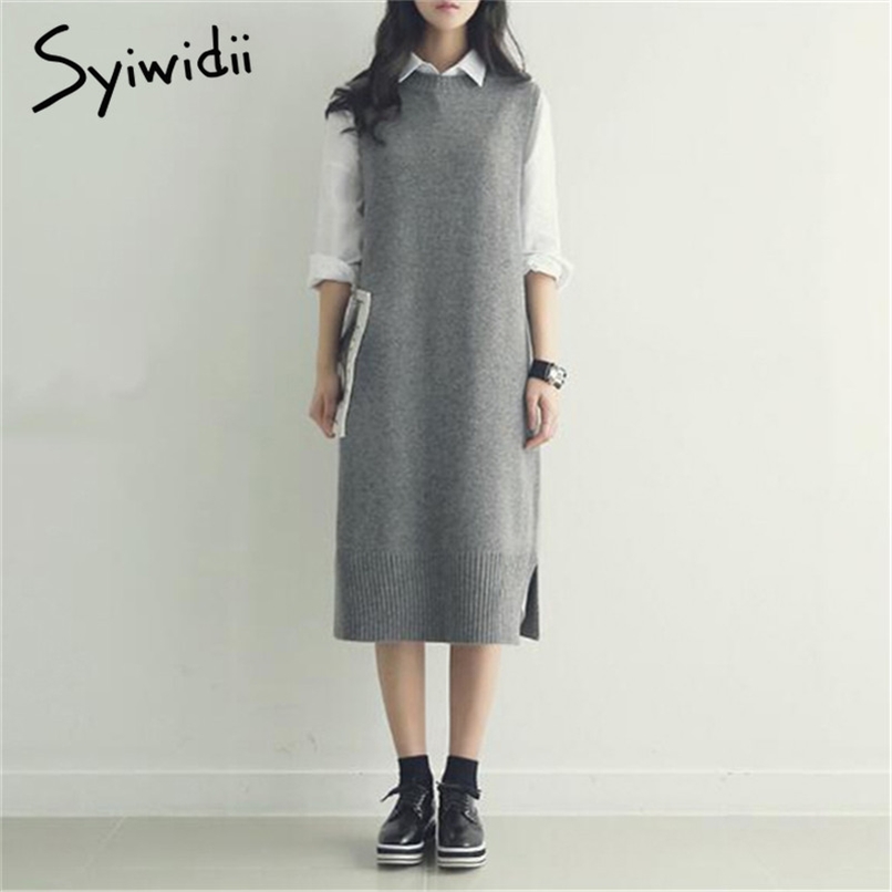 

Sleeveless Long Sweater Women Winter Clothes Dress O-Neck Fall Gray Casual Japanese Fashion Pullovers Knit Vest 210607, Navy blue