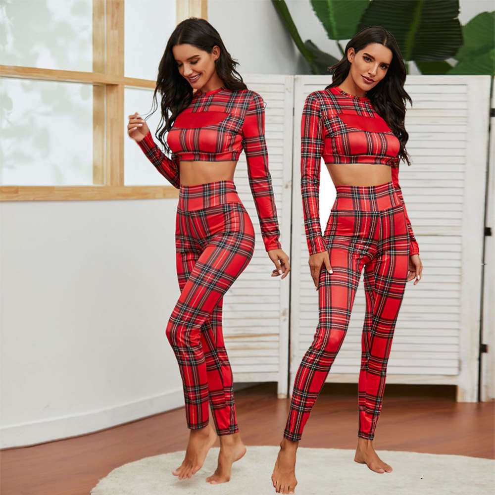 

2020 new autumn and Winter Christmas Plaid printed Yoga Pants sports suit, Red