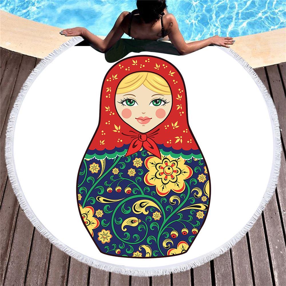 

2021 New Dropshipping Baby Doll Yoga Mat Matryoshka Round Beach Adults Boys with Tassel Summer Bath Towel Printed Microfiber 150cm 10xy