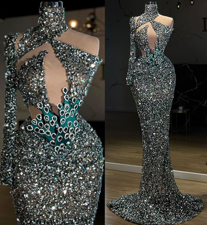 

2022 Plus Size Arabic Aso Ebi Mermaid Sparkly Sexy Prom Dresses High Neck Crystals Evening Formal Party Second Reception Gowns Dress ZJ260, Silver