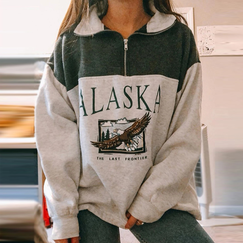 

2021 Vintage Stylish Panelled Letter Print Eagle Girls Sweatshirt Women Autumn New Loose Pullover Long Sleeve Zipper Streetwear 3dpz, Gray