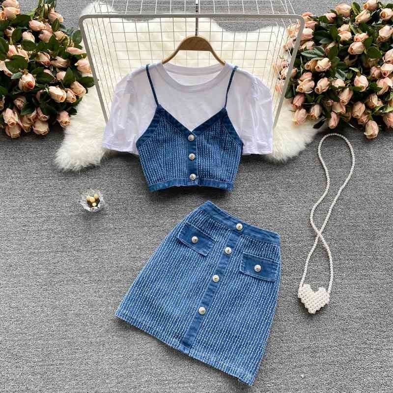 

Age-reducing female summer dress short-sleeved T-shirt all-match short camisole + three-piece skirt 210525, Light blue