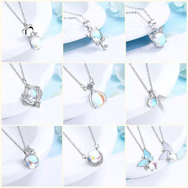 

Chains 925 Sterling Silver Moonstone Necklace Blue Crystal For Women Fashion Jewelry Holiday Gift