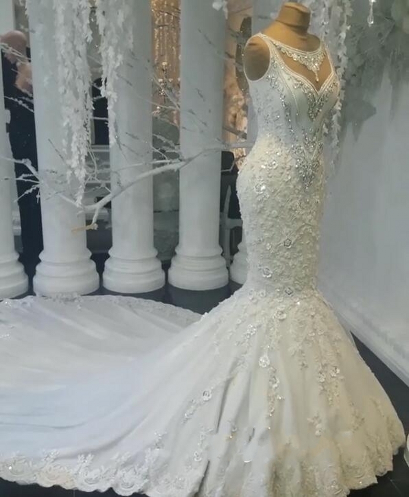 

2021 New Mermaid Es Stunning Sleeveless Crystal Wedding Bridal Gown Vestido De Noiva Long Train Trouwkleed Wgsj, Ivory