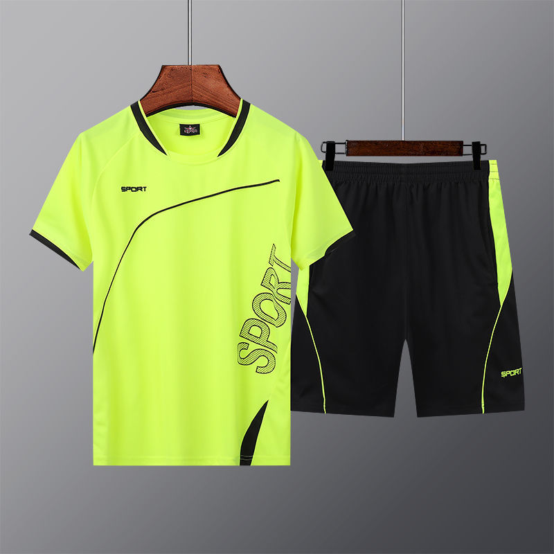 

Green Summer new sports and leisure short-sleeved shorts suit men's loose large size running fitness training quick-drying breathable Black, Black;yellow