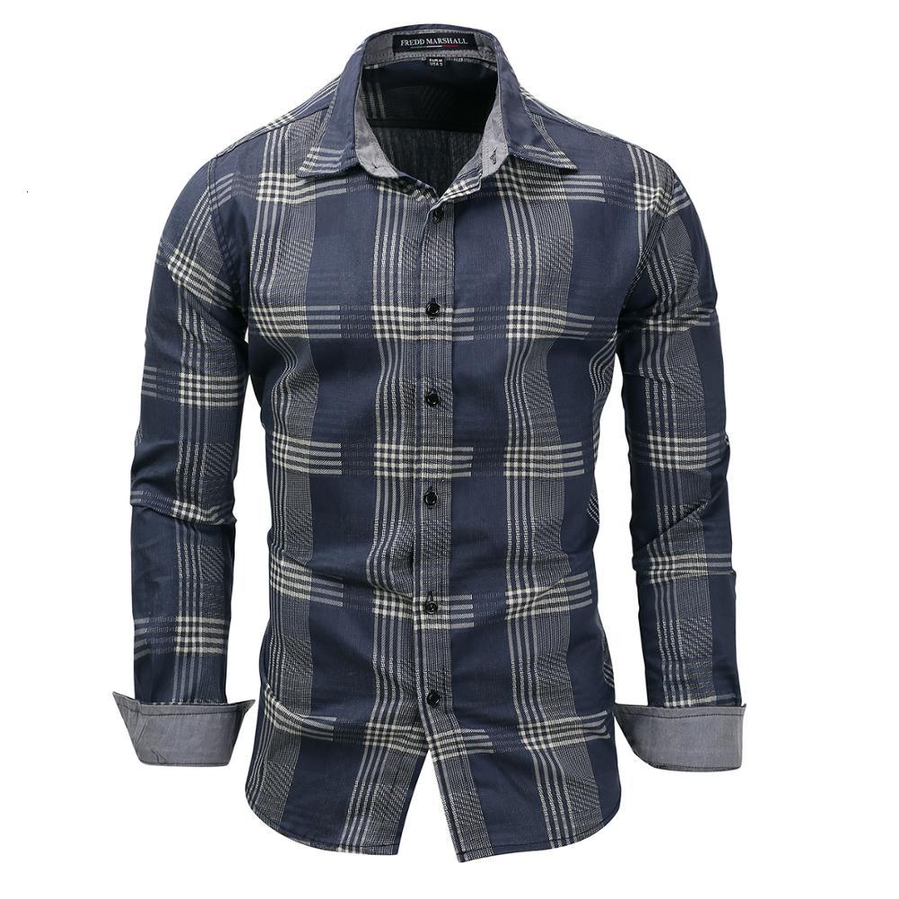 

2021 Fashion Style Men's Cotton Striped Shirts Autumn New Tide Plaid Long Sleeve Shirt Man Oversized Vintage Printed Casual Clothes Lxjm, Denim blue