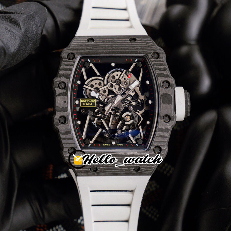 

43mm RM35-02 Watches Rafael Nadal Skeleton Dial Miyota Automatic Mens Watch Carbon NTPT Fiber Case RM035 White Rubber Sport HWRM Hello_Watch, Extra strap
