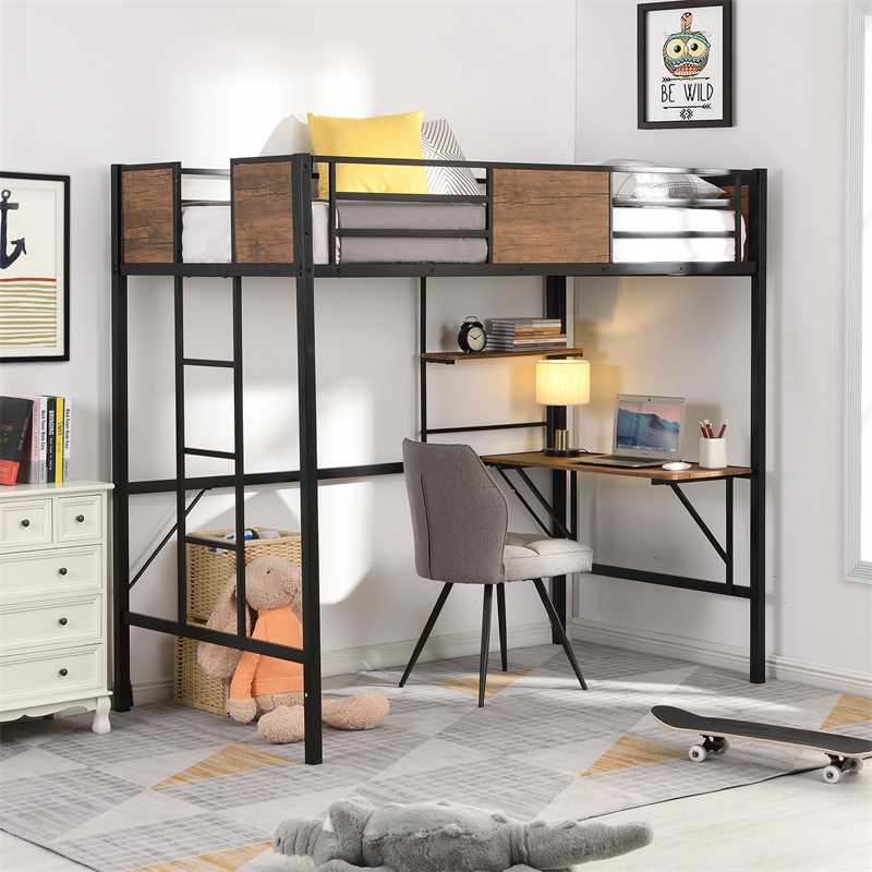 

Loft Bed with Storage Shelves, Pine Wooden Loft Bed, Twin