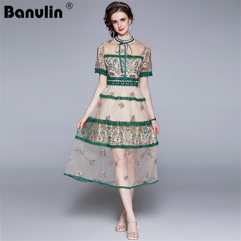 

Banulin Fashion Runway Summer Gorgeous Party Midi Dress Women's Puff Sleeve Luxury Lace Mesh Embroidery Vintage N66626 210603, Apricot