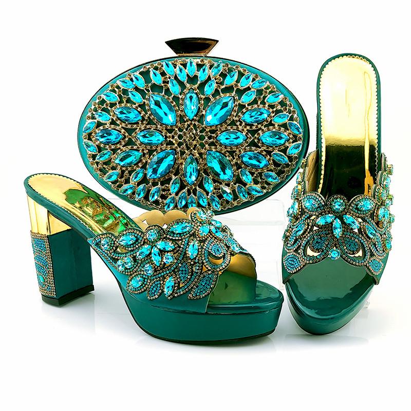 

Beautiful teal women pumps and bag set with big crystal style african shoes match handbag for dress CP6002,Heel 10.5CM, Peach