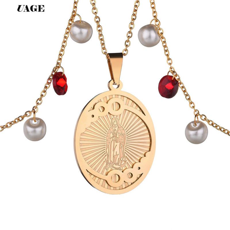 

Pendant Necklaces UAGE Virgin Mary Necklace Gold Color Bijoux Imitation Crystal Pearl Statement Women Fashion Catholic Jewelry