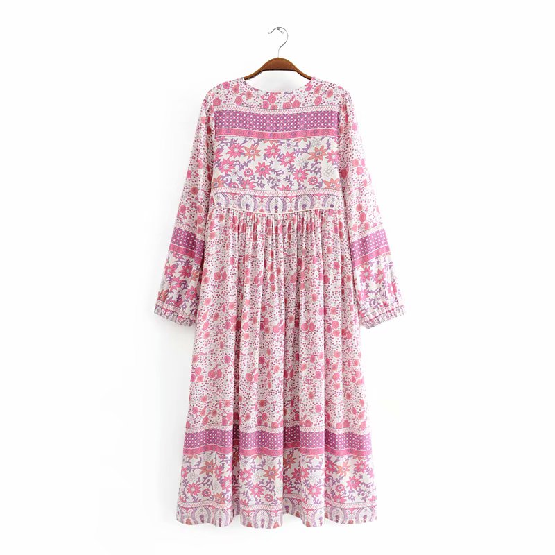 

New Bohemian Lacing up Pink Floral print Dress Summer Ethnic Woman Long Sleeve Tassel Long Strappy Dresses Holiday Beach, Red