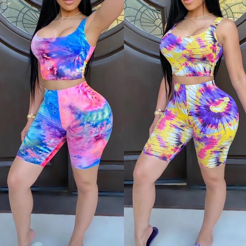 

tie dyeing print sports womenpant suit sleeveless strap crop high waist biker shorts pants workout clothes tracksuit outfit, White