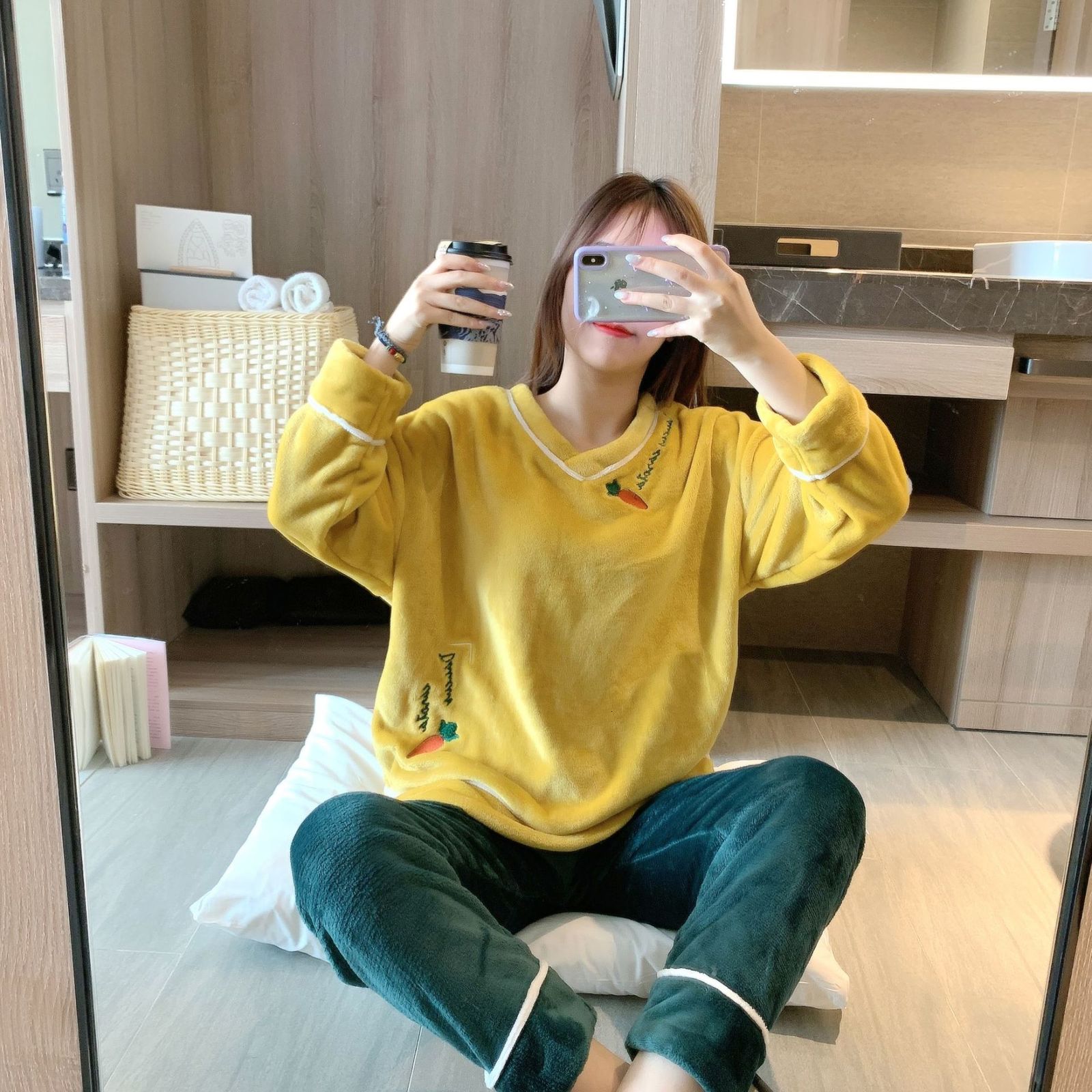 

New Winter Women 2pcs Paige Yellow Top Turkey Suit Green Beep House a Hot Flannel Dress Cute Nightwear Printing Branch Fiui