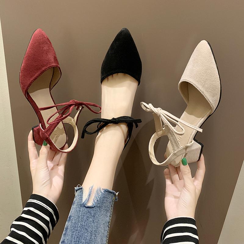

Female Sandal 2021 Summer Block Heels Velvet Shoes Shallow Mouth Girls Chunky Suede Pointed Comfort Lace Up Fashion High Closed