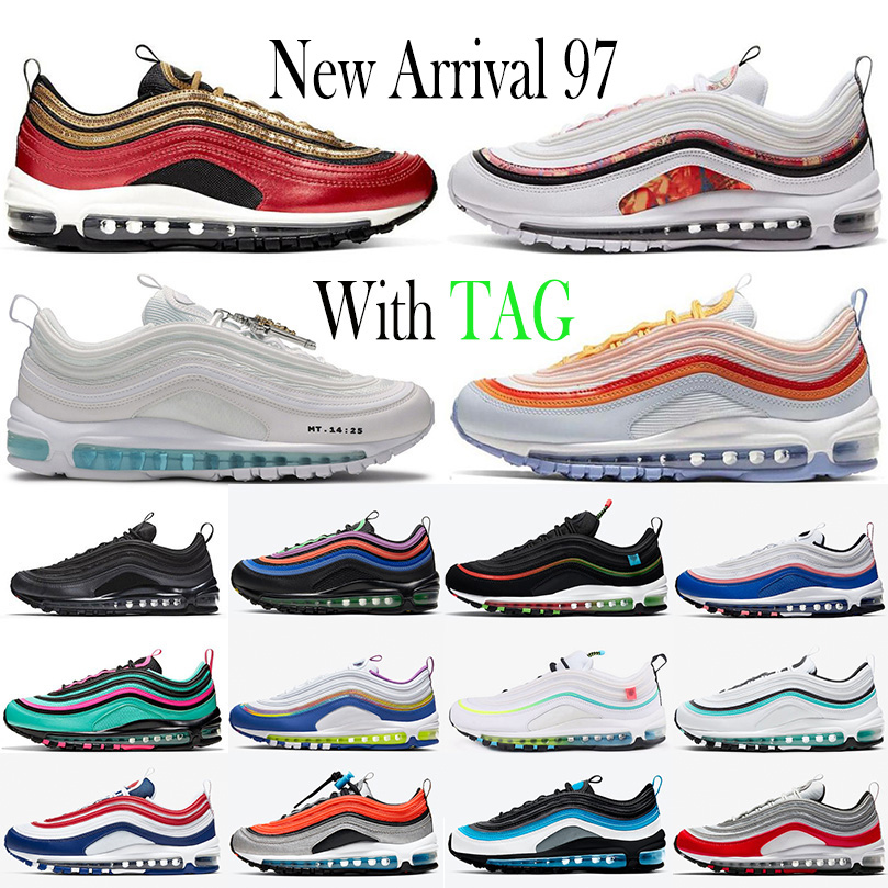 

2021 Top Quality 97 Cushion Mens Running Shoes Black Bullet Aurora Green Reflective 97s Bred Triple White Sean Wotherspoon Mosaic Women Sports Sneakers