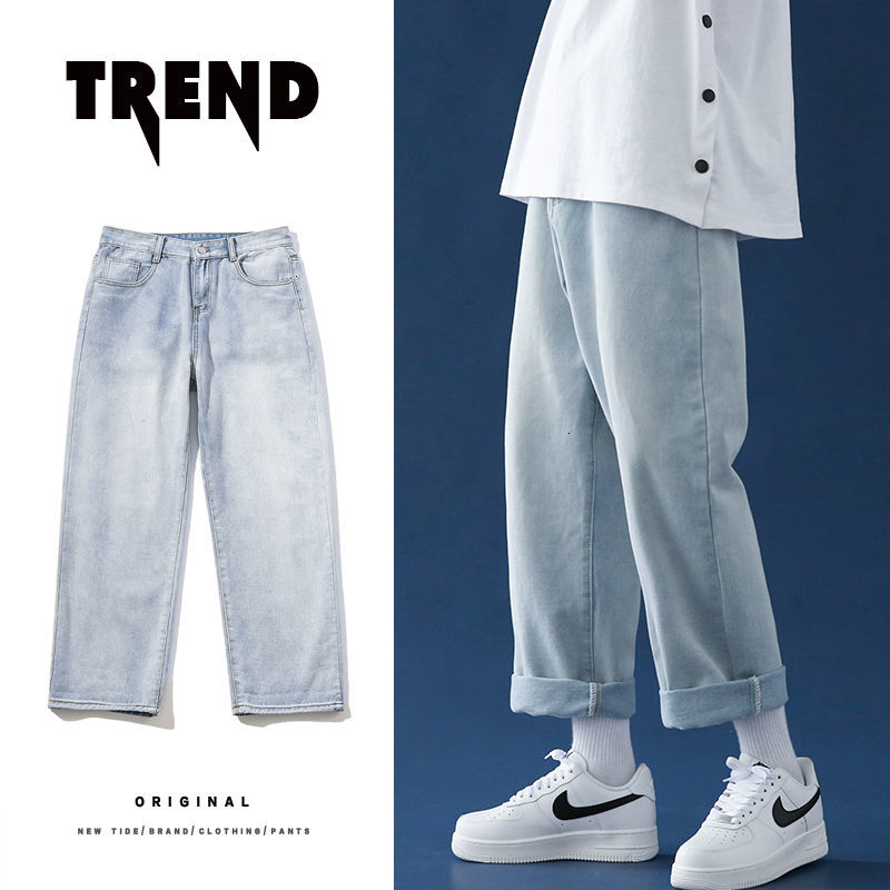 

2021 New Spring Summer Wide-leg Men's Fashion Retro Casual Jeans Men Streetwear Korean Loose Straight Denim Pants Mens M-4xl G1yk, Light blue