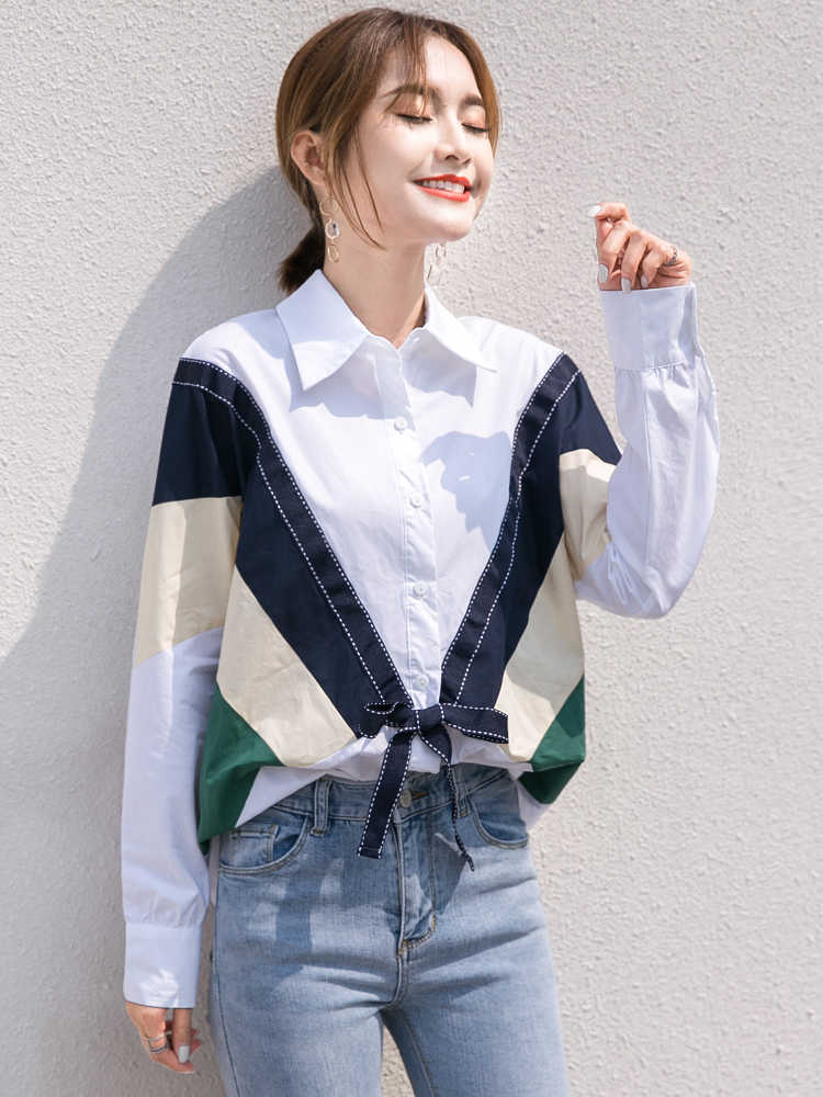

Design Color Contrast Shirt Full Loose Patchwork Women Blouses 210615, 8803 blue
