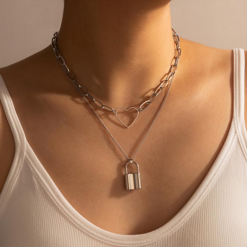 

Chains Tocona Trendy Lock Pendant Necklace For Women Hollow Heart Multilayer Geometry Thick Sweater Chain Jewelry Gift Collar 16318, Silver