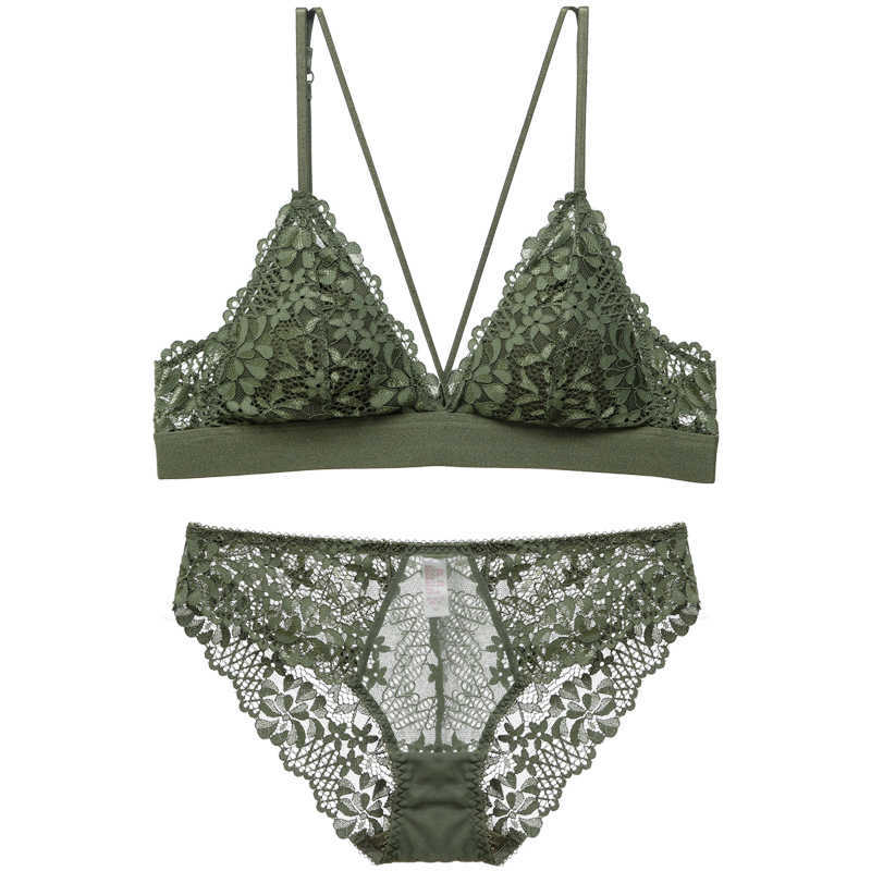 

Strappy Bralette Elastic Underband Bras and Panty Set Unlined Wireless Dentelle Underwear Women Lingerie Army Green Brassiere Q0705, Lavender