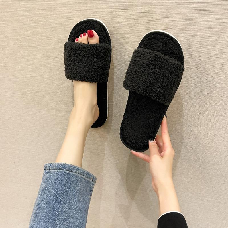 

Slippers Furry Women's 2021 Autumn And Winter Cotton Artificial Wool Shallow Mouth Flat-heel, Red