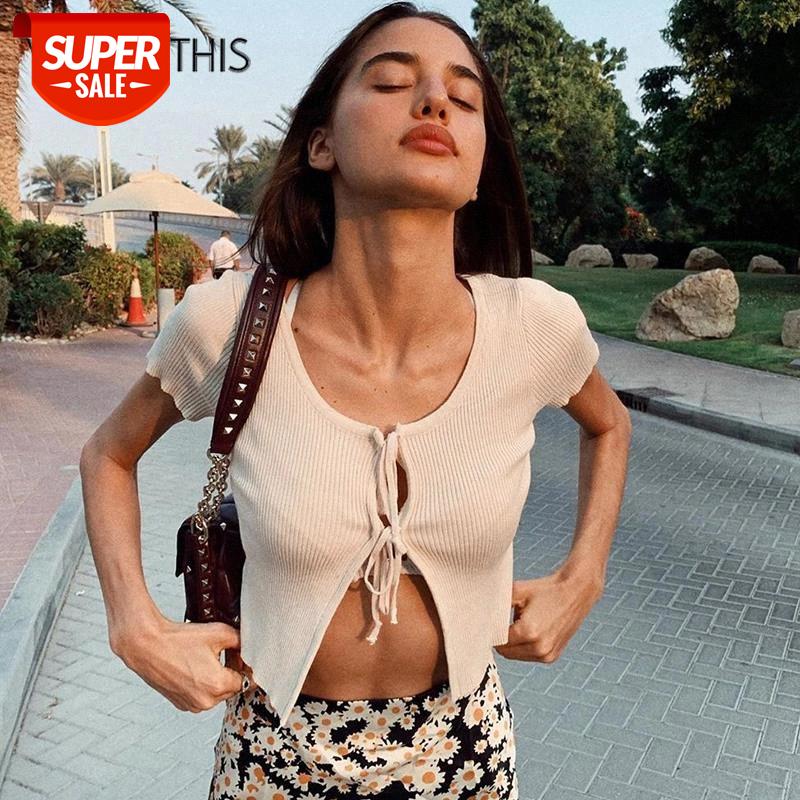 

WannaThis Sexy Cropped Top Lace up Short Sleeve Hollow out Front Split Hem O-Neck Slim Women Fashion Summer New Sexy Streetwear #583j, White