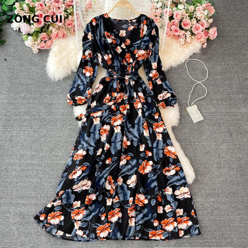 

Casual Dresses 2021 Autumn Women' Print Maxi Dress Elegant Temperament V-Neck Long Sleeve Sashes Street Ankle Length Vestidos, Black