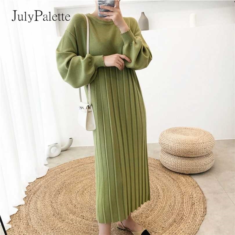 

JulyPalette Autumn Winter Thicken Long Knitting Dress Fashion Lantern Sleeve Female Pleated Oversize Sweater 5 Colors 211110, Apricot