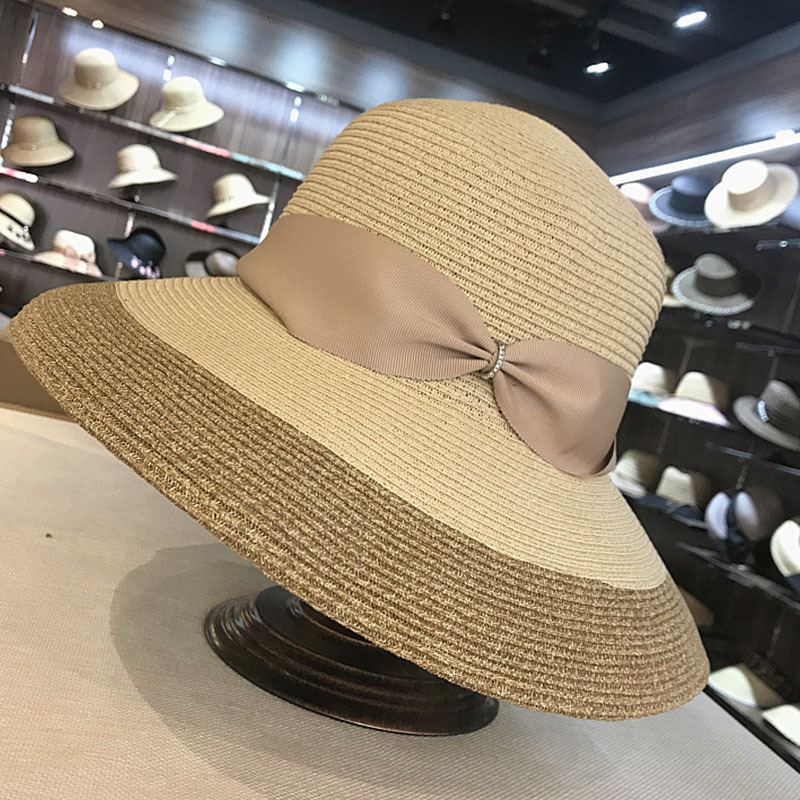 

2021 New Elegant Bow Women Wide Brim Sun Paper Straw Cloche Beach Floppy Summer Holiday Derby Hat Fashion Show Ysb0, Black beige