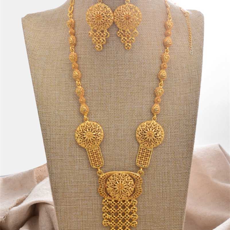 

24K Dubai Gold Color jewelry sets for women luxury necklace earrings bridal African wedding ornament wife gifts Rings 211015, Style 1