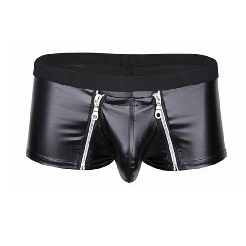 

Underpants Mens Lingerie Faux Leather Underwear Bulge Pouch With Double Zipper Closure Boxer Briefs Low Rise Sexy Male Panties, Black