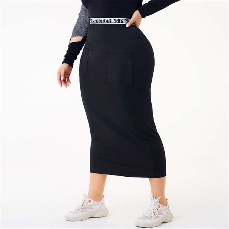 

Summer Women Skirt Plus Size Stretchable Elastic Black Slim-fitted Pencil Letter Print Hemmed Webbing Large Mid-calf Skirts 210702