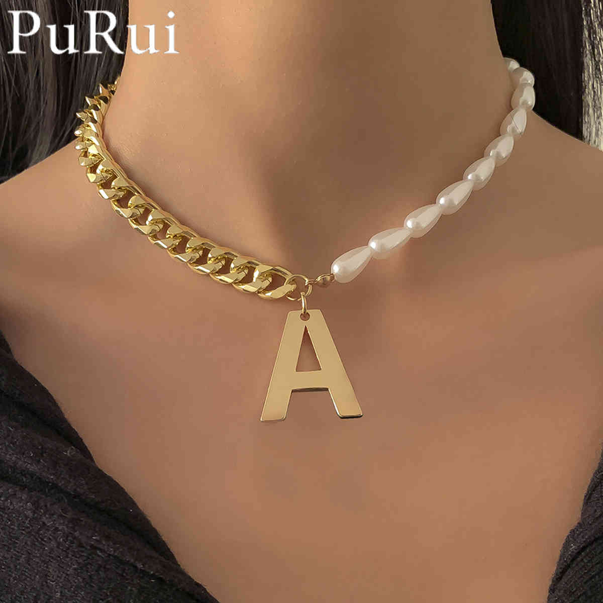 

Simulated Necklace for Women 2021 Statement English Alphabet Initial Letter Pendants Choker Neckalce Baroque Pearl Jewelry