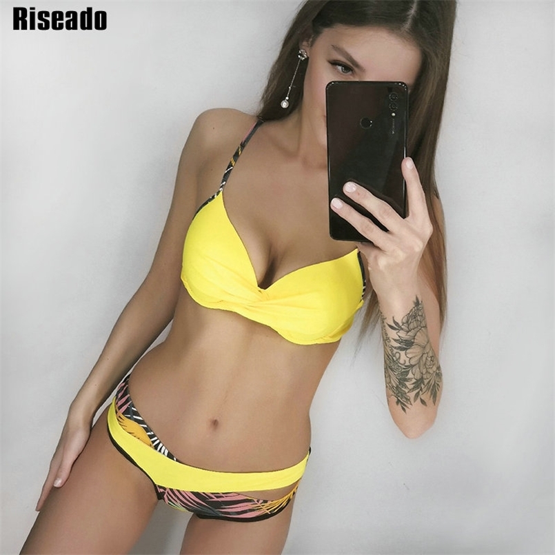 

Riseado Push Up Bikini Set Patchwork Swimsuits Ruched Swimwear Women Sexy Bikinis Biquini Strap Yellow Bathing Suit Summer 210722, Rs0386