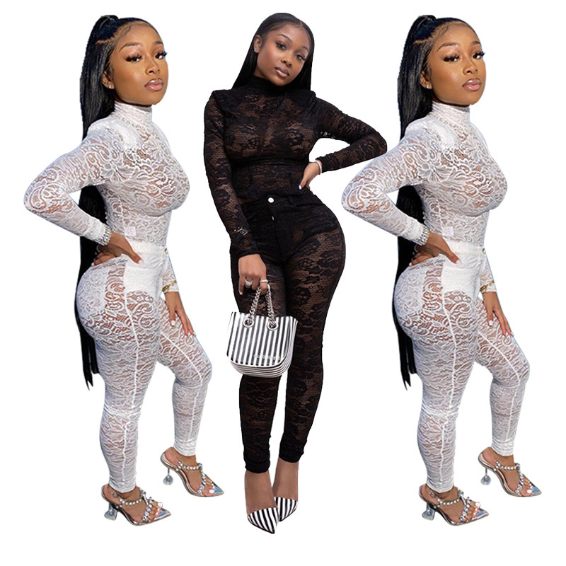 

women lace mesh sheer two piece set spring clothes pant suit club party night birthday outfits matching sets, White