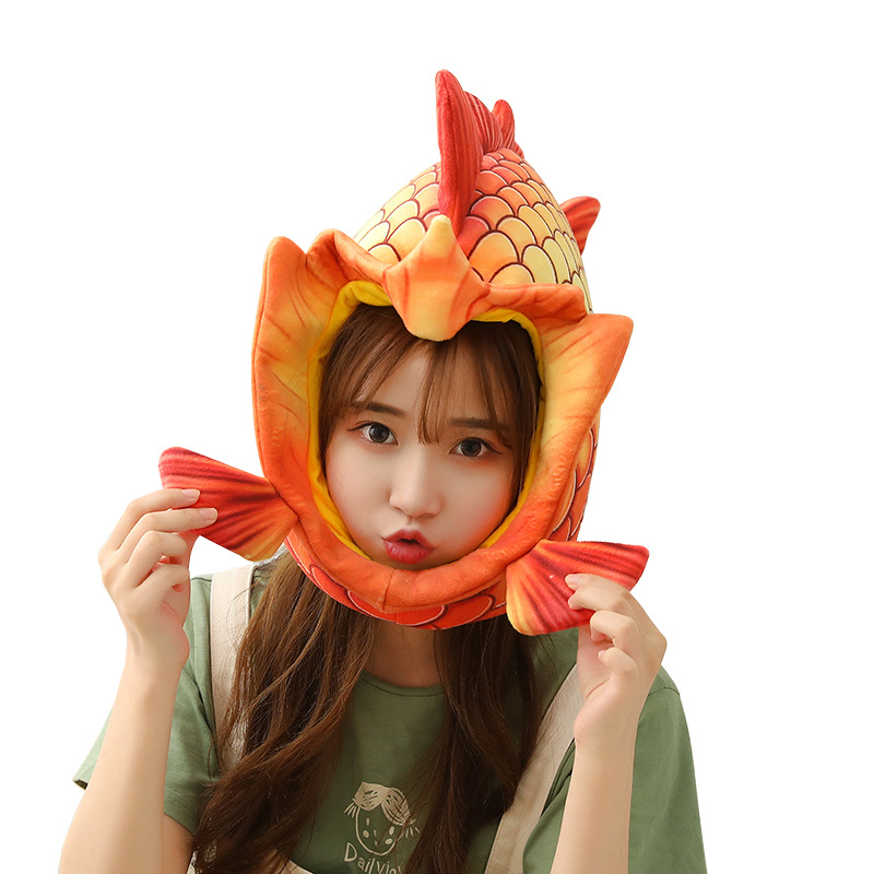 

Prank shooting performance props Funny fish head goldfish squid koi plush toy hat sand carving fish head cap, Yellow