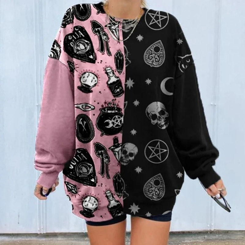 

2021 New Pink Black Graffiti Fun Skull Printed Crewneck Sweatshirt Women Loose Casual Oversized Thin Tops Plus Size Fashion Teens Girls Iop6