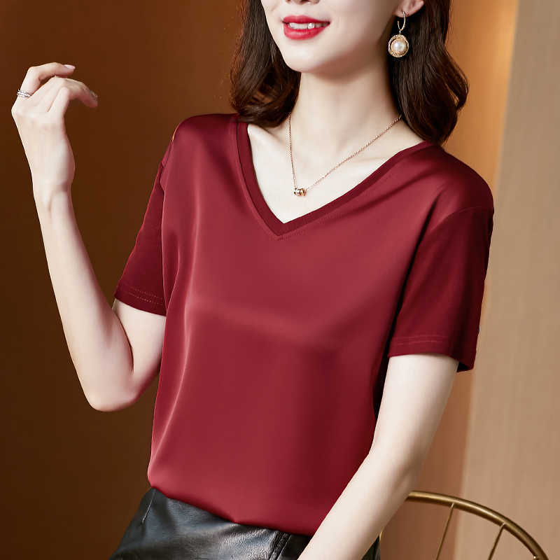 

Summer Tops Woman Tshirts Oversized T-shirt Solid Chiffon V-Neck Short Blouses Female White Basic Spliced Women Clothing OL 210604, Blue